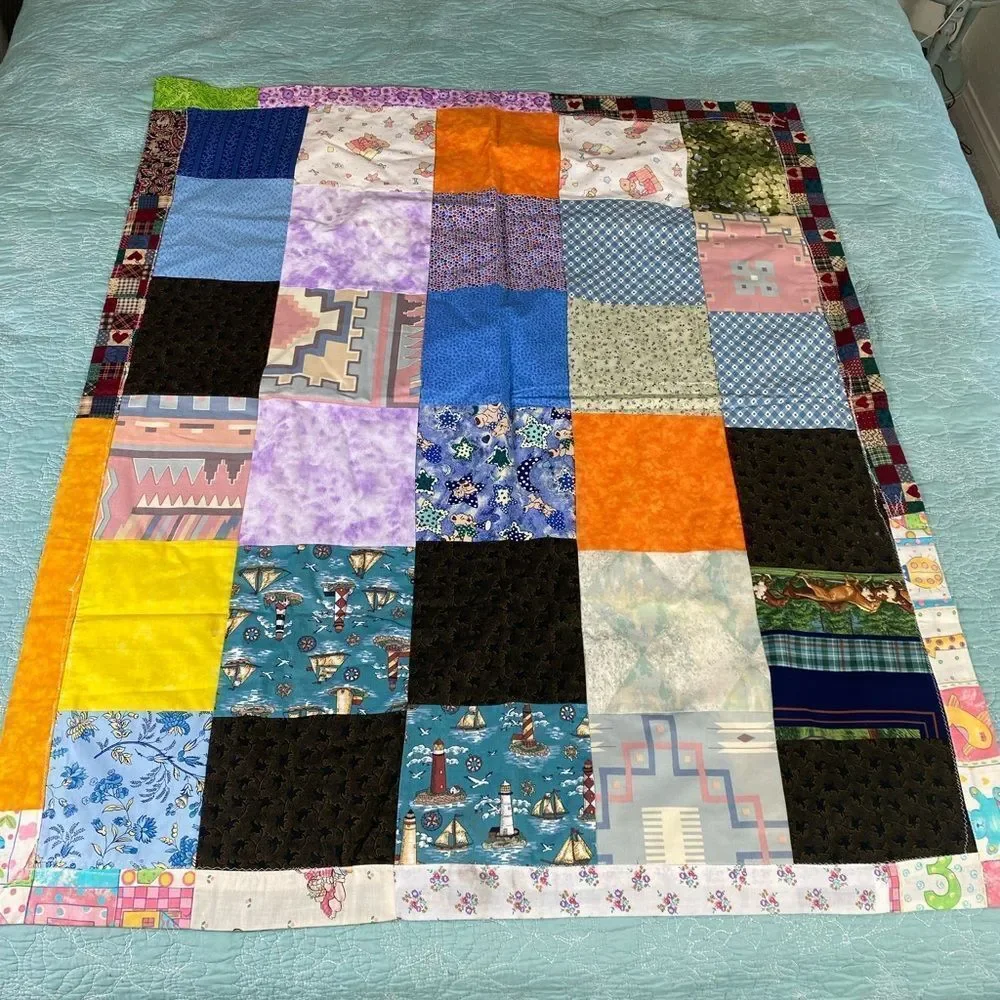 Colorful child’s Patchwork Quilt Throw 40” x 39” handmade reversible